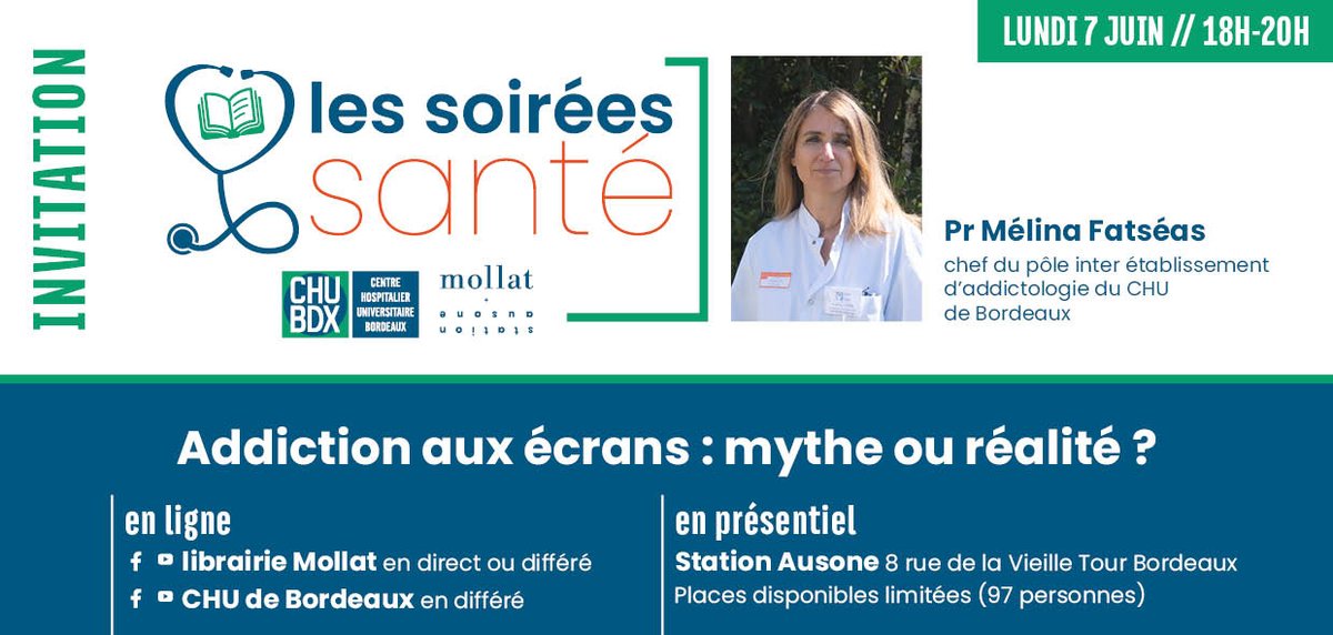 [AGENDA] Soirée Santé <a href="/librairiemollat/">Librairie Mollat</a> &amp; <a href="/CHUBordeaux/">CHU de Bordeaux</a> RDV le lundi 7/06 à 18h ➡️addiction aux #écrans : mythe ou réalité ? avec Pr Mélina Fatseas, chef du pôle addictologie <a href="/CHUBordeaux/">CHU de Bordeaux</a> et <a href="/ch_perrens/">CH Charles Perrens</a>
📍En présentiel à <a href="/StationAusone/">Station Ausone</a> (97 places)
💻En live youtube.com/user/Librairie…
