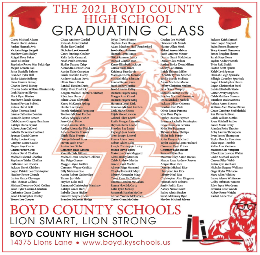 BCPSdistrict's tweet photo. Congratulations Boyd County Class of 2021!  We will miss you all!!  #BeTheExample https://t.co/0f4OT5H5Wn