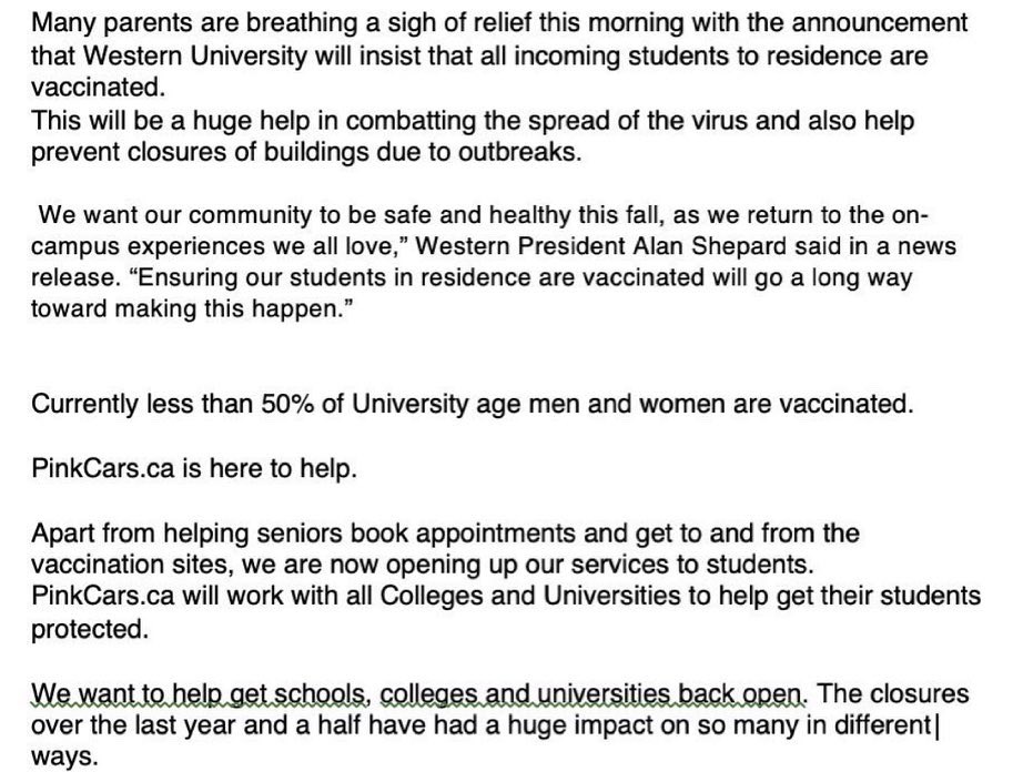 PinkCars's tweet photo. @WesternU is requiring students who will be living in residence to be vaccinated against COVID-19. 

If you are a student and need help getting vaccinated, please reach out! We are here to help you if you’re struggling to get an appointment. https://t.co/qaJFS6Ibdl