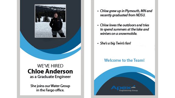 ApexEngGroup's tweet image. Chloe is a graduate of NDSU&apos;s College of Engineering. She has been an intern for our water group since Fall 2019. We are happy to welcome her to the team full-time. 🎓#NDSUengineering #NDSU2021Grad