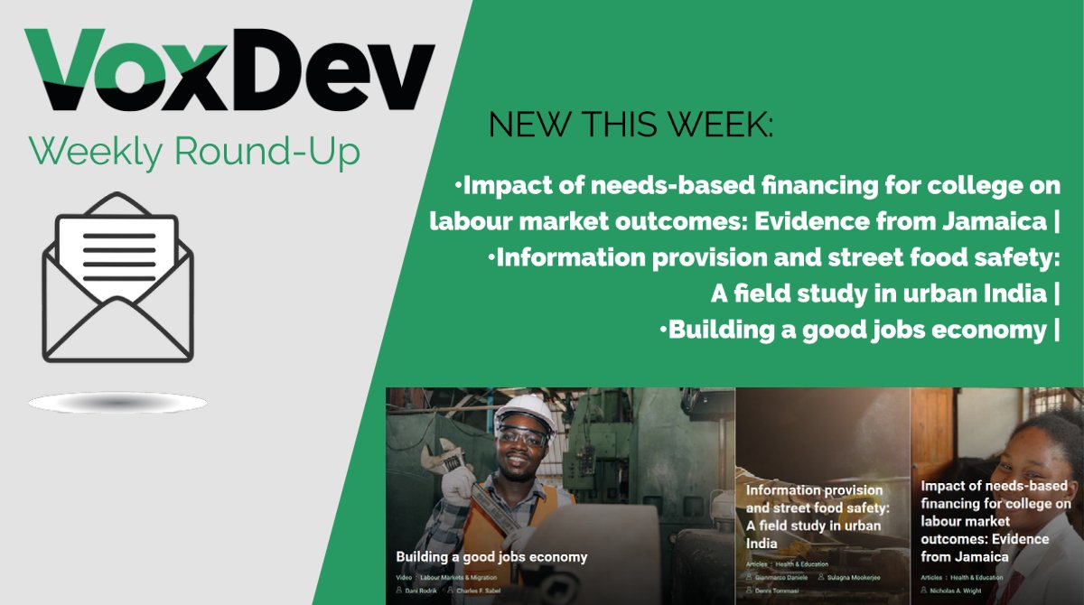 vox_dev's tweet photo. This week on #VoxDev: Impact of needs-based financing for college on labour market outcomes: Evidence from #Jamaica | Information provision and street food safety: A field study in urban #India | Building a good #jobs economy
Read our weekly Newsletter 👉 https://t.co/5JRmKaqdRw https://t.co/Iahuhrulfy