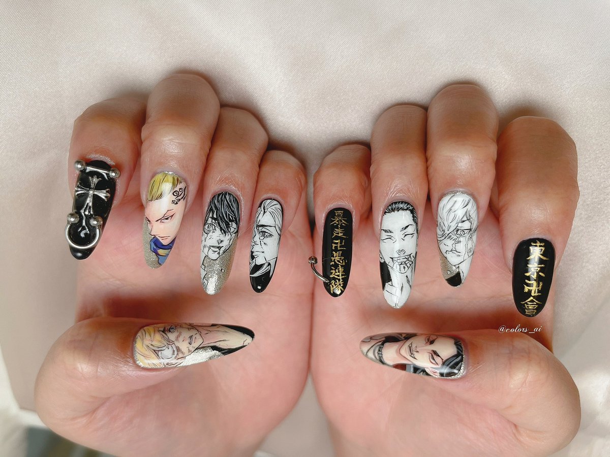 お客様オーダー 東京卍リベンジャーズ マイキー ドラケン痛ネイル 半分だけクリア Color Sすずきあいのイラスト