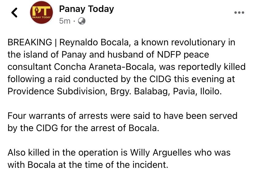 IanMakabayan's tweet photo. HR ALERT: Reynaldo Bocala and Willy Arguelles were killed in Pavia, Iloilo.
Reynaldo Bocala is the husband of NDFP Peace Consultant Concha Araneta. https://t.co/x2HfERMFWC