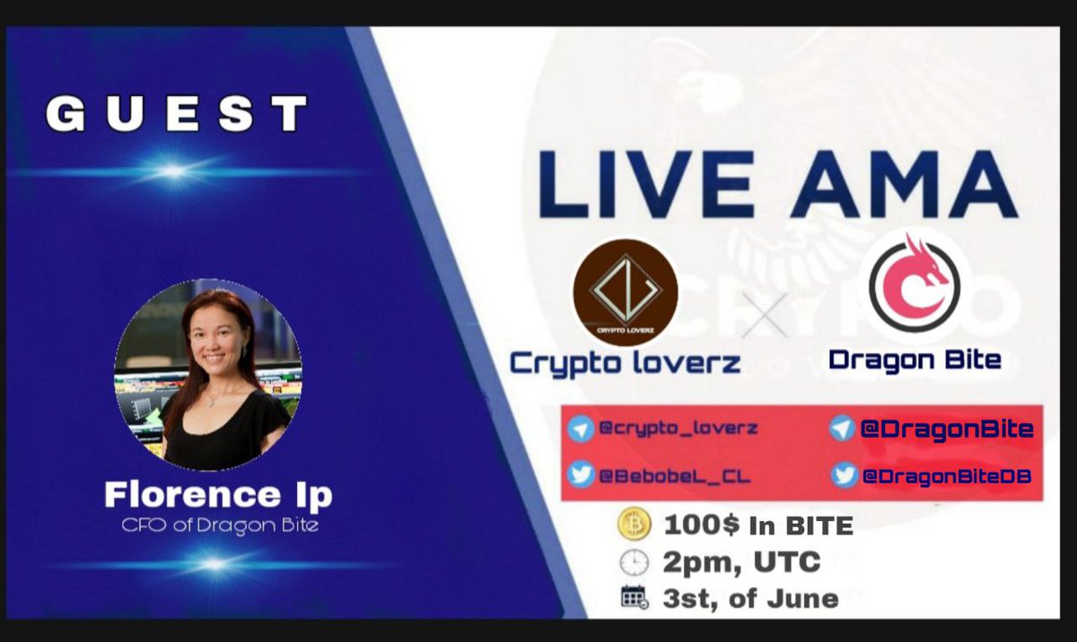 AME_PAY's tweet photo. 🔊New #AMA with #DragonBiteDB
June , 3st , 02:00 PM UTC

 ✴️Rewards: 100$ in BITE

⚠️ Requirements
🔶Follow @BebobeL_CL &amp; @DragonBiteDB
🔶Ask a question 
🔶Tag 3 friends 
🔶Join https://t.co/nRw15gt52c
⚠️do not copy from the others let's go https://t.co/VAEiiTa2k5 https://t.co/Cl3iBFccZl