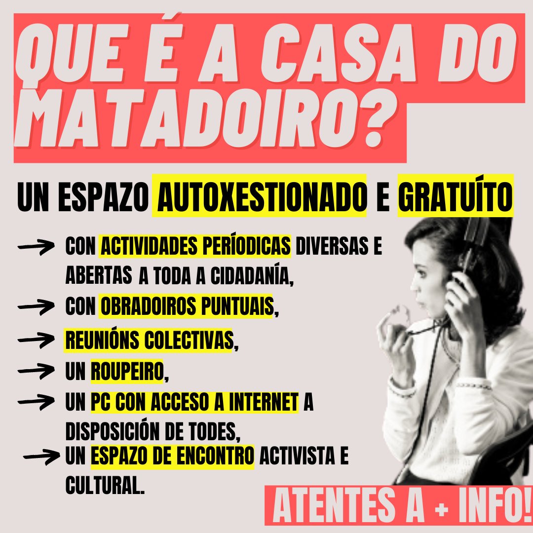 CasaDoMatadoiro's tweet photo. Coñece máis sobre a Casa e as actividades que alí desenvolvemos!

Este centro social autoxestionado dende o 2017 conta cunha programación variada de actividades culturais, sociais e lúdicas, todas elas gratuítas.

Tamén é un lugar de reunión de diversas colectivas da cidade. https://t.co/RmL3bq1iFj