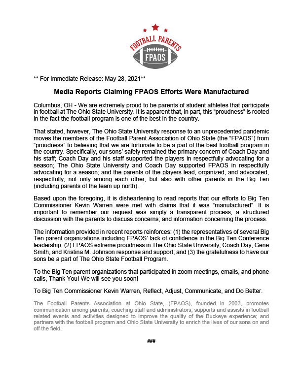 fpaos_board's tweet photo. It was disheartening to read reports that our efforts in August 2020 to @bigten Commisioner, @KevinFWarren were met with claims that our letter was "manufactured". Read our full statement in response to @SInow article. #Fight #BigTenParentsUnited https://t.co/Lt4jZmUevT