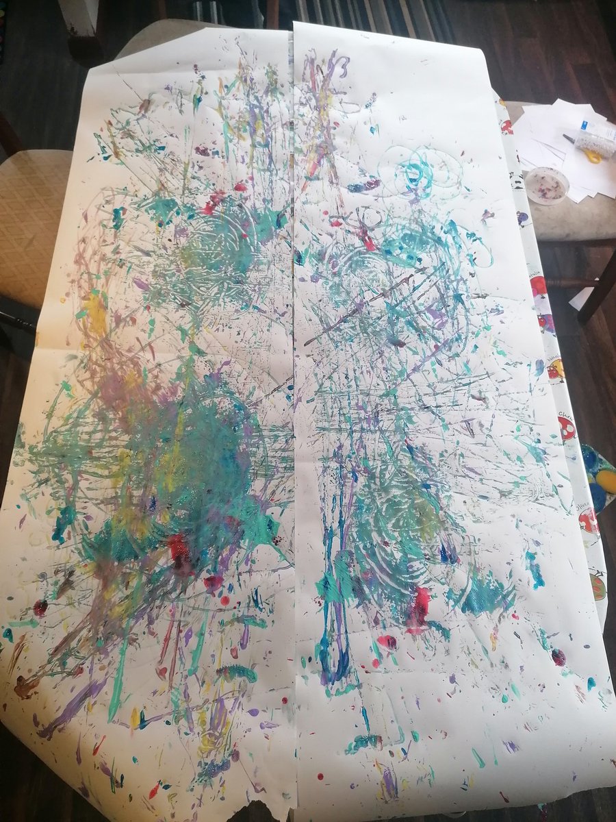 This is a gigantic piece we created last week using marbles and sponges. We rolled the marbles across the table, playing a game and the student trying to get it past me (they succeeded many times!) The student started talking about it being a work of art you may see in a...