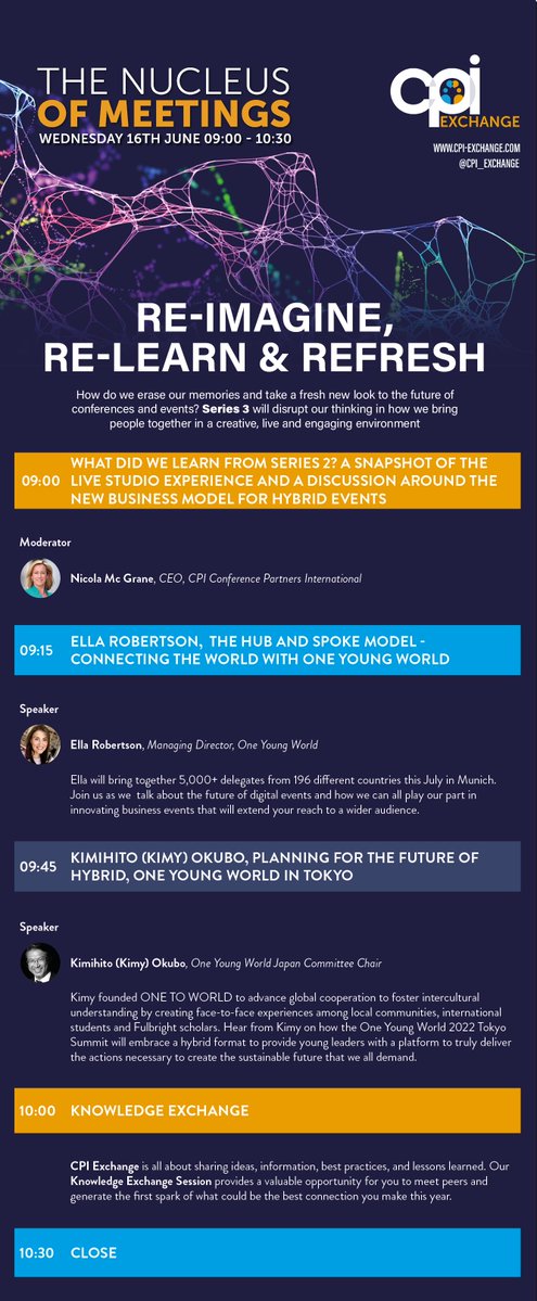 Join us at #CPIExchange Series 3 as we chat with <a href="/ellarobertson/">Ella Robertson McKay</a> of <a href="/OneYoungWorld/">One Young World</a> on bringing together 5000 delegates from around the world.

We'll discuss the future of digital events &amp; how we can we all help to deliver innovation  

Register to today: tinyurl.com/d5sd2kac