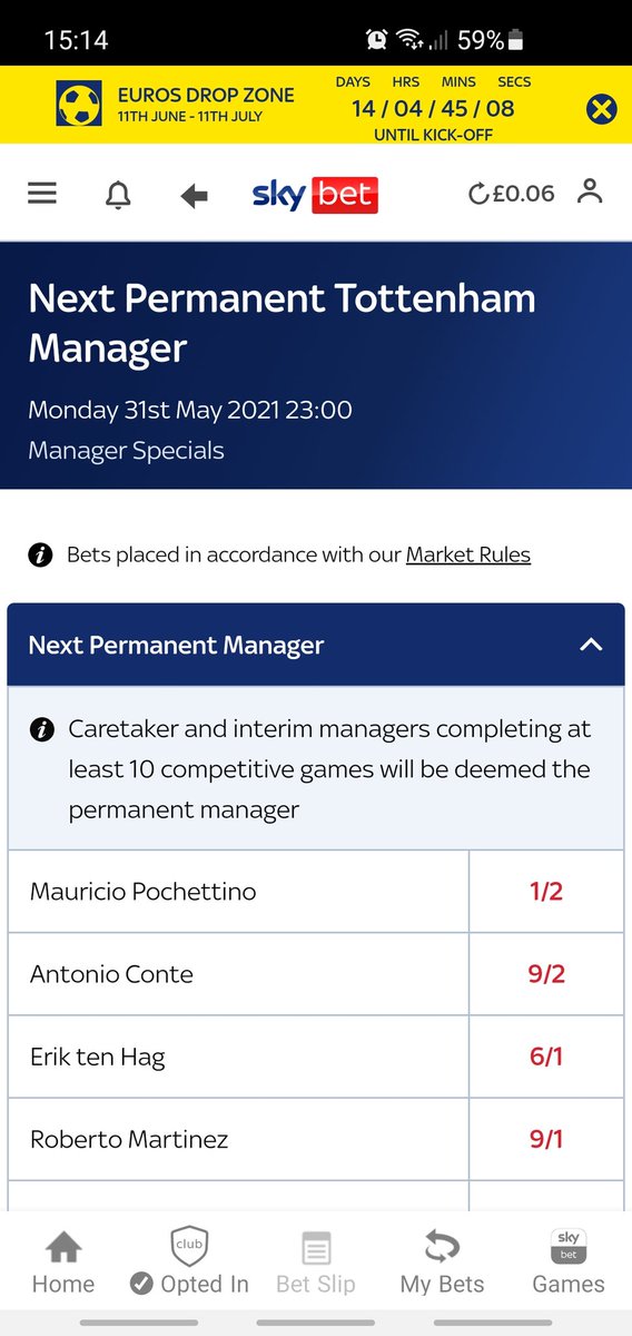 elms1976's tweet photo. @SkyBetHelp Hi Team, I have placed a bet on the next Tottenham manager some time ago. I have noticed it has a date of "2300 - 31st May" Is this when the bet is valid until ??? What if the manager is announced after Monday? https://t.co/mJukE3IM3u