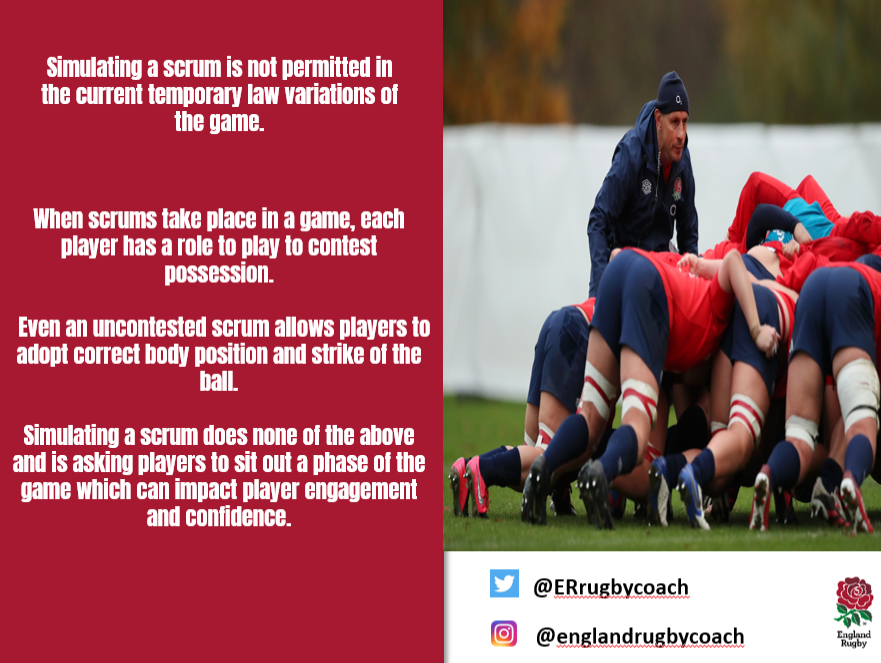 ⚠️ Important ⚠️

Age Grade and Adult rugby at level 3 and below MUST be played under the temporary law variations with no scrums, (and no variations of scrums). 
This includes all formats of the game, such as 7s.

Coaches, please take note ⬇️