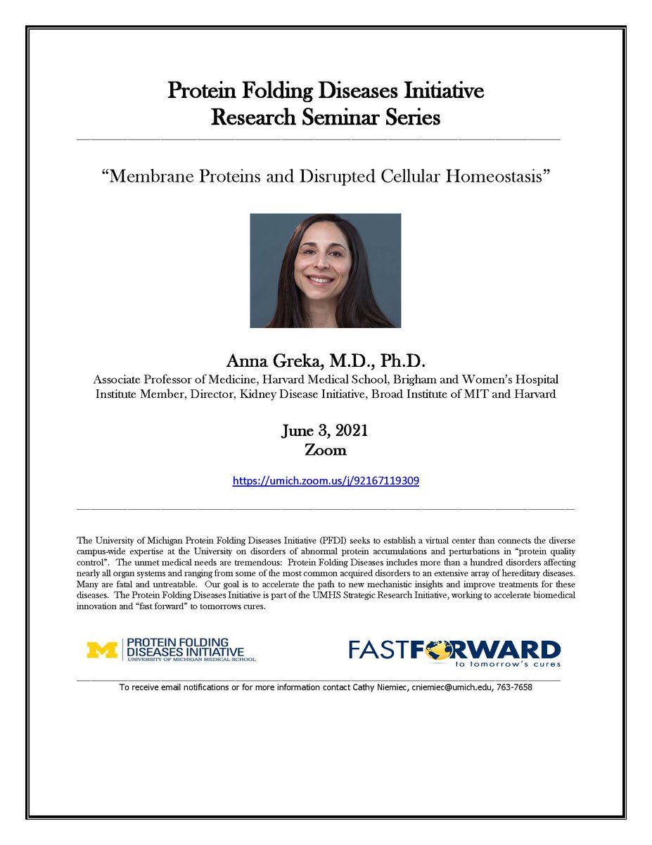 Anna Greka, M.D., Ph.D., Associate Professor of Medicine, Harvard Medical School, Brigham and Women's Hospital Institute Member, Director, Kidney Disease Initiative, Broad Institute of MIT and Harvard, is our Seminar Series speaker for June.