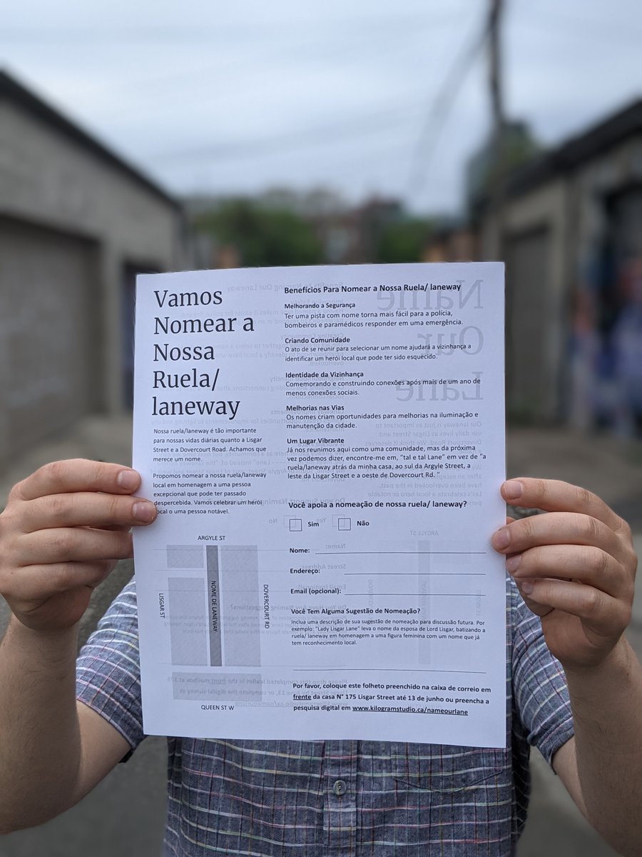 KilogramStudio's tweet photo. Kilogram Studio is leading a community engagement activity in our neighbourhood. We propose naming our local laneway after an exceptional person who may have been overlooked in the past. Surveys are being distributed to seek naming ideas @anabailaoTO #torontolaneways #davenport https://t.co/slirnC8YfP
