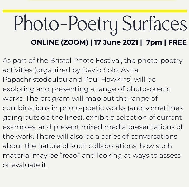 silje_ree's tweet photo. There are two poetry events I look forward to in June:
Poem Brut on the Thames by @writerskingston with @stevenjfowler, @haulpawkins et. Al., June 11.
Photo-poetry exhibition SURFACES curated by @PhoetryS, @HeyAstranaut, @haulpawkins, @davesolo part of @BRSphotofest, June 17. https://t.co/TgsuO9qFd8