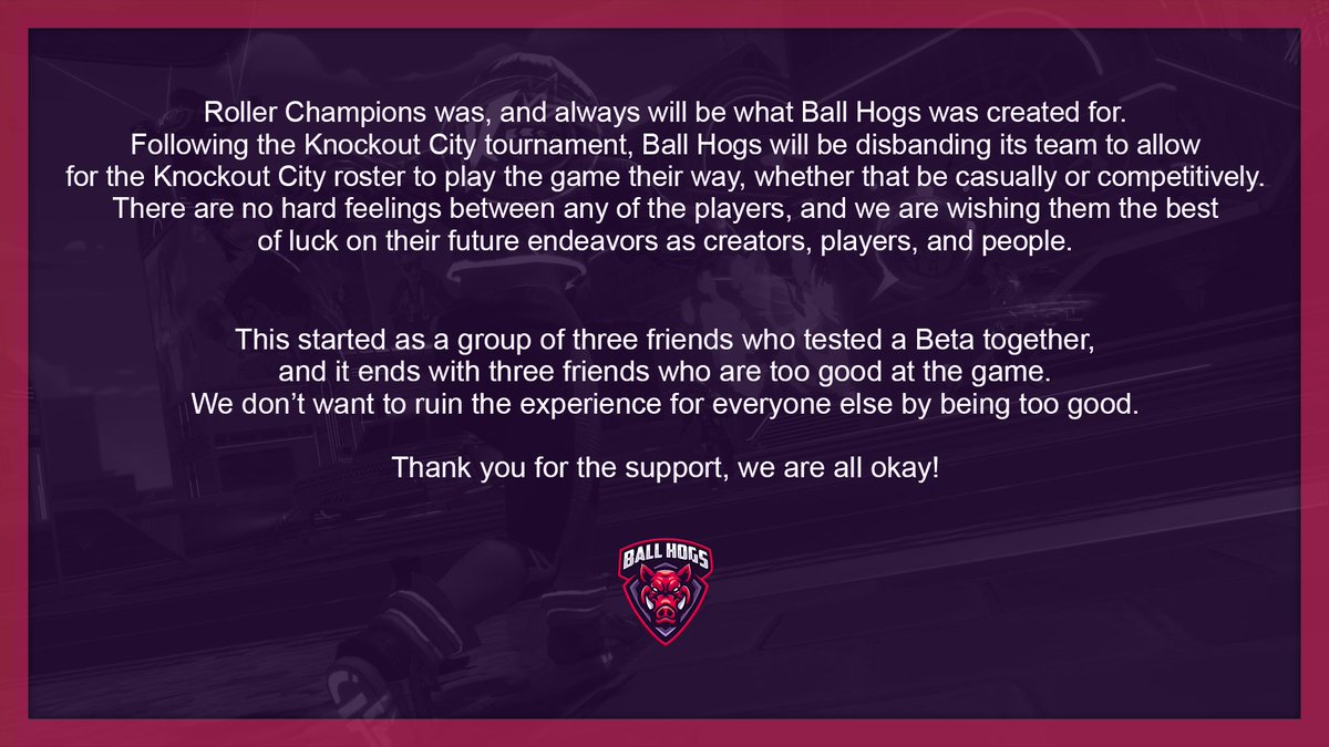 Ball Hogs will be disbanding its Knockout City team to allow its players to play the game their way, whether that be casually or competitively.