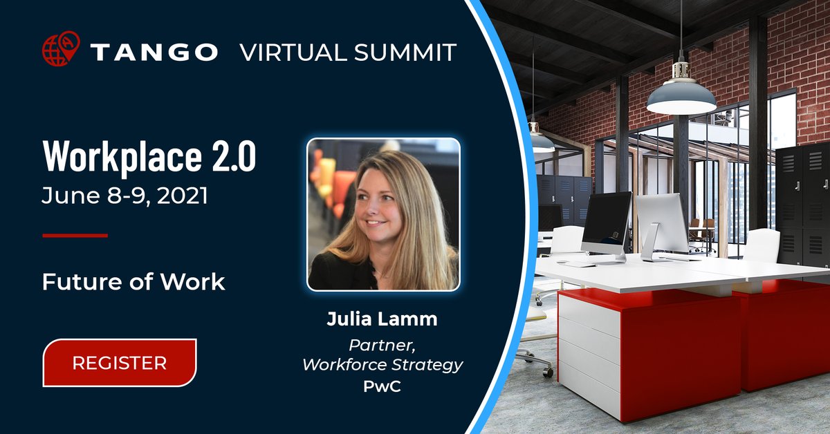 tangoanalytics's tweet photo. Join us for our Workplace 2.0 Summit on June 8 and 9. Julia Lamm, Partner - Workplace Strategy, at PwC will be presenting on the future of work. Register to hear what she has to say about the Future of Work. https://t.co/a2USd0RLXX https://t.co/7jaP5rIaO8