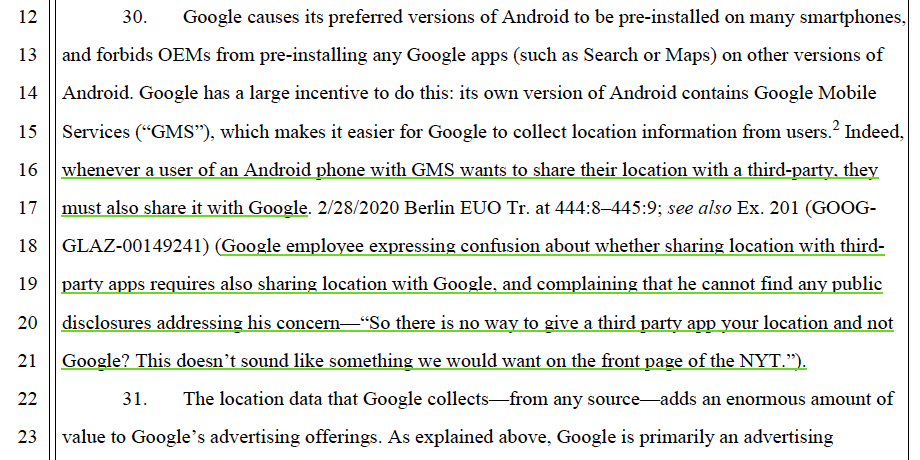 Most damning in newly unsealed evidence (1) Google’s employees admitting there& #39;s almost no way NOT to provide your location to Google (2) Google designs its ecosystem for location data collection. “This doesn’t sound like something we would want on the front page of the NYT.” /4