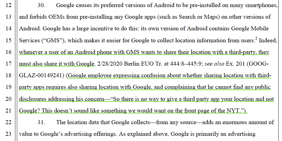 Most damning in newly unsealed evidence (1) Google’s employees admitting there's almost no way NOT to provide your location to Google (2) Google designs its ecosystem for location data collection. “This doesn’t sound like something we would want on the front page of the NYT.” /4