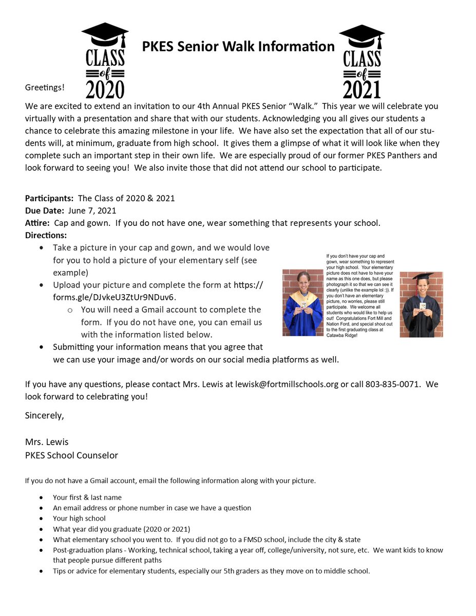 It's time to celebrate our Seniors!  Let us celebrate you while we encourage our current students!  This is open to the class of 2020 and 2021! Complete the form at
forms.gle/DJvkeU3ZtUr9ND… or email lewisk@fortmillschools.org!  #PanthersEngaged #OnceAPantherAlwaysAPanther