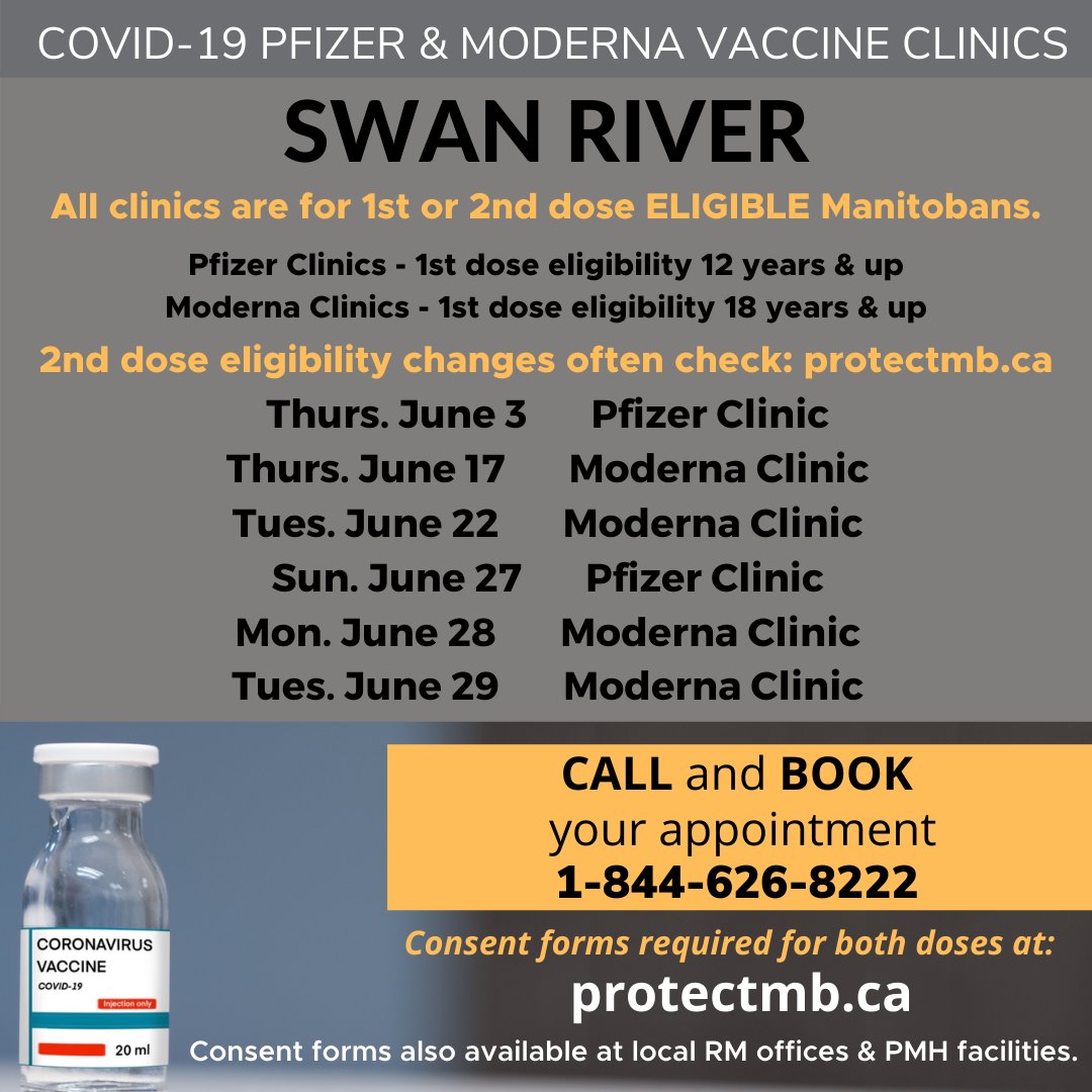 PrairieMtHealth's tweet photo. #SWANRIVER Pfizer &amp; Moderna clinics for June.  Visit https://t.co/rPL8xioEgh  for eligibility for 2nd doses. Call  1-844-626-8222 to book appointment.  Consent forms needed for both doses. More info on PMH clinics visit: https://t.co/0eH4MVGAtA https://t.co/xZwTWvSF4A