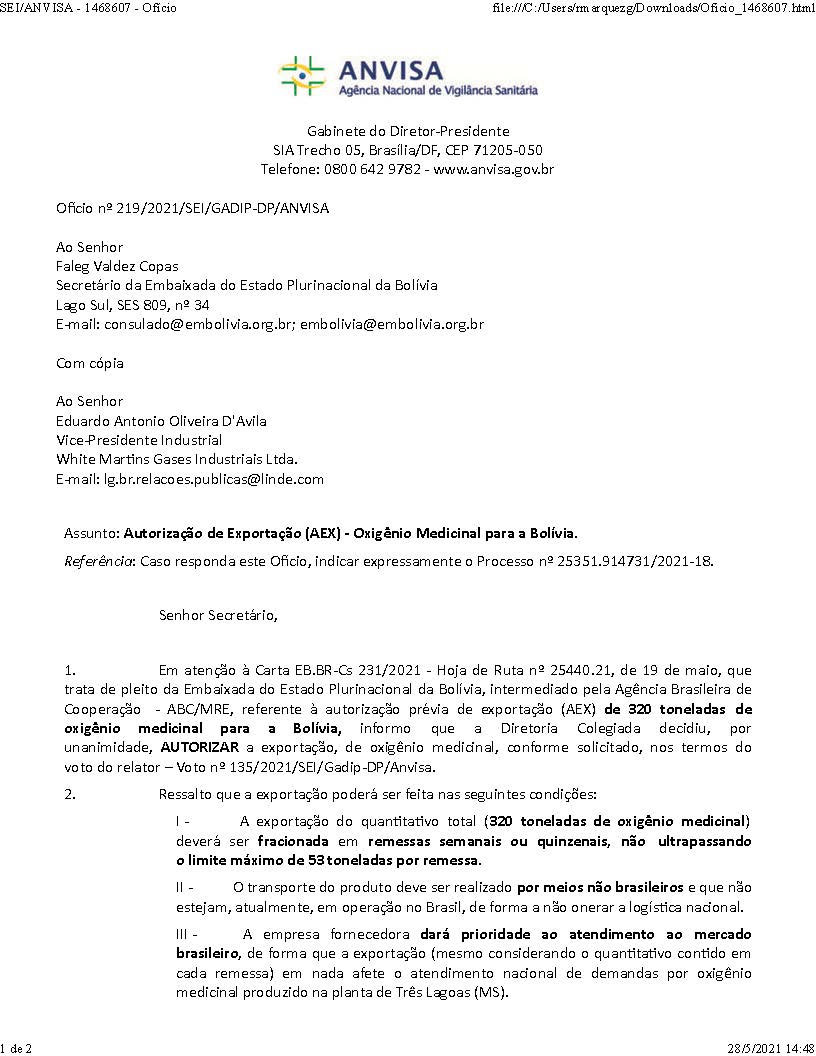O Xrhsths Benjamin Blanco Sto Twitter Informamos Que A Partir De Gestiones Diplomaticas Del Mre Bolivia Se Ha Liberado Por Razones Humanitarias La Exportacion De 3 Tn De Oxigeno Medicinal Desde Brasil Para