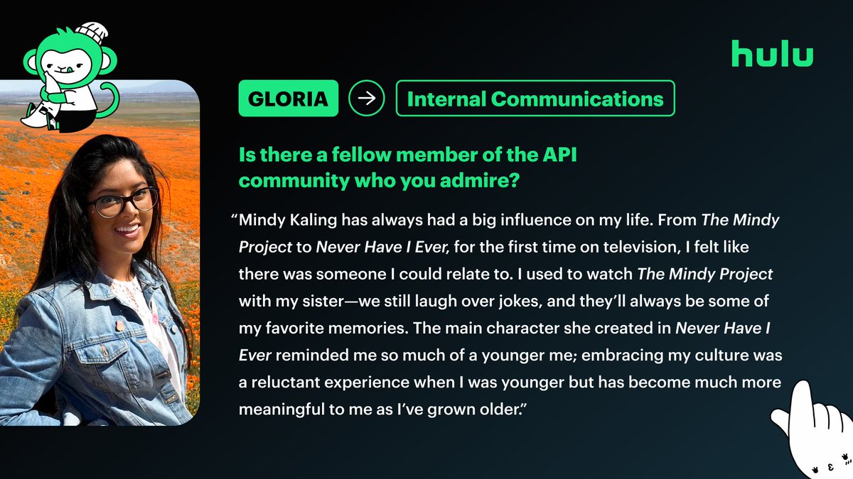 Meet Gloria! 🎉✨👋She’s a Designer on our Internal Communications team where she shapes our internal visual design at Hulu and Disney Media and Entertainment Distribution. Read more about Gloria and the API creator who inspires her below! #APIHM #LifeAtHulu