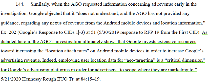 This is all core to their surveillance economics. Attorney General’s team rightly looked at the resources Google uses to maximize “location attach rates.” You could also frame this as a surveillance beacon considering how Google appears to abuse it. /11