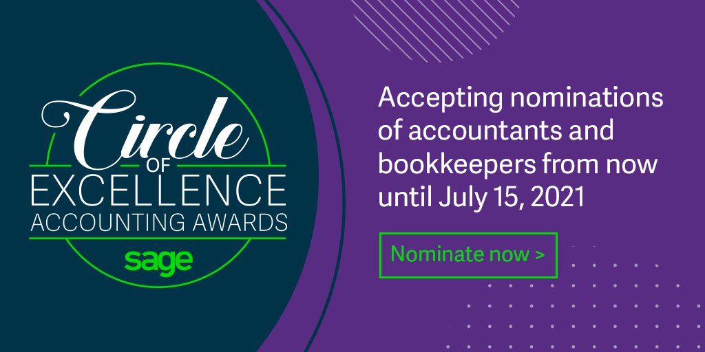Calling all accountants and bookkeepers. Nominations are open! The Sage Canada Circle of Excellence Accounting Awards are now accepting nominations. Don't miss your chance to recognize and celebrate the best in the business. Nominate here:  1sa.ge/38fL50EY1pz
#SageCoE2021