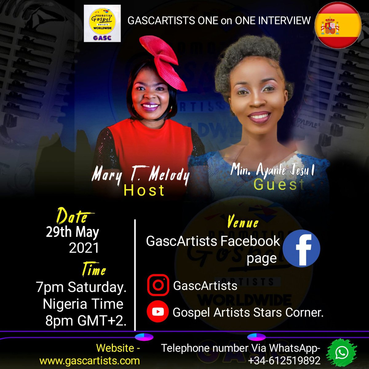 Gascartists's tweet photo. #GascArtists One on One live interview with @marytmelody Featuring Min AYANFE JESU 1. 
Join us on Gospel Artists Stars Corner Facebook page and on our YouTube channel on Saturday 29th of May 7pm Nigeria time. 8PM GMT+2 time. 
It promises to be a wonderful time. 
DONT MISS OUT. https://t.co/aeu28nlAAl