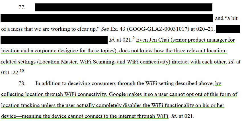 Amazing. According to the unsealed complaint, the senior product executive ***at Google*** and ***responsible for location services*** did not know how Google’s own location services interacted with each other. /17