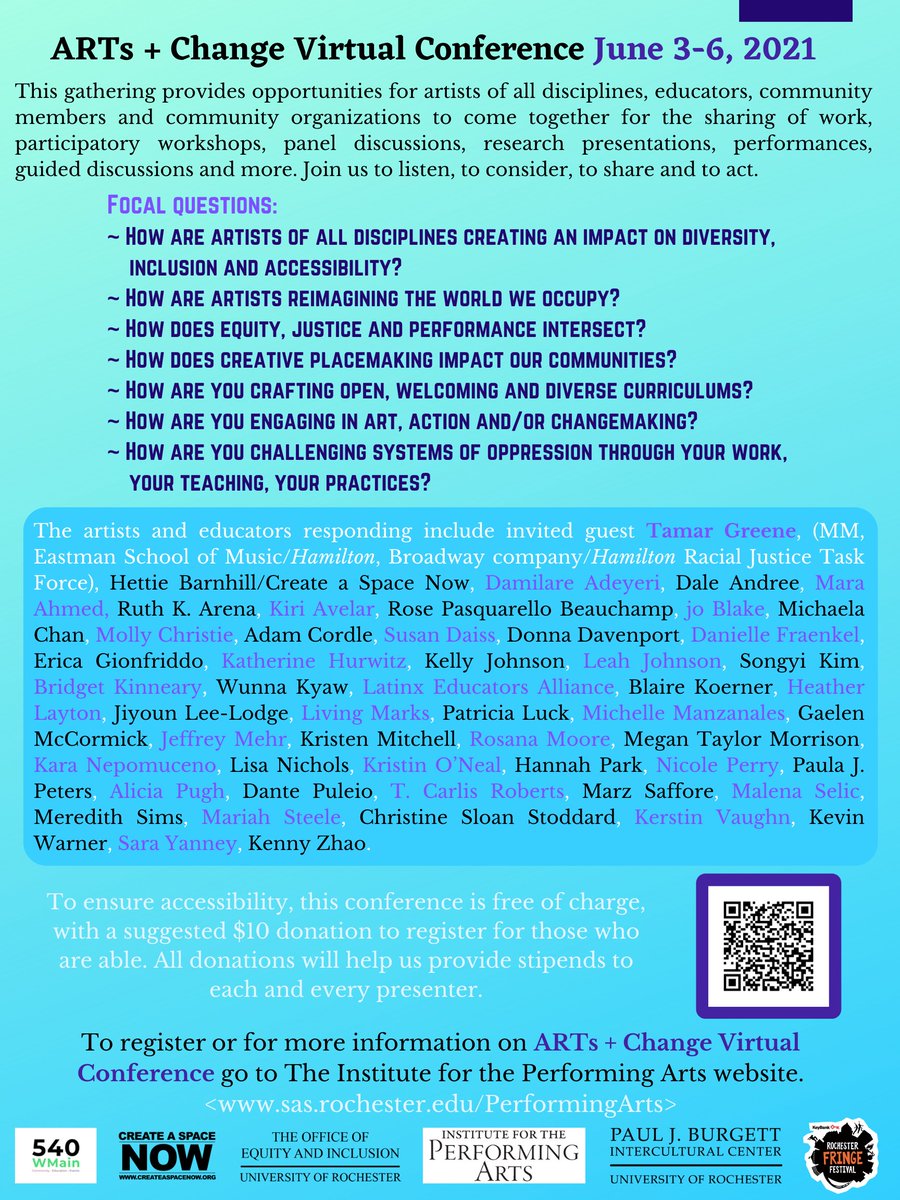 We are hosting ARTs + Change virtual conference with over 50 worldwide artists sharing how their work integrates with change-making! Free to attend - register now: sas.rochester.edu/PerformingArts…