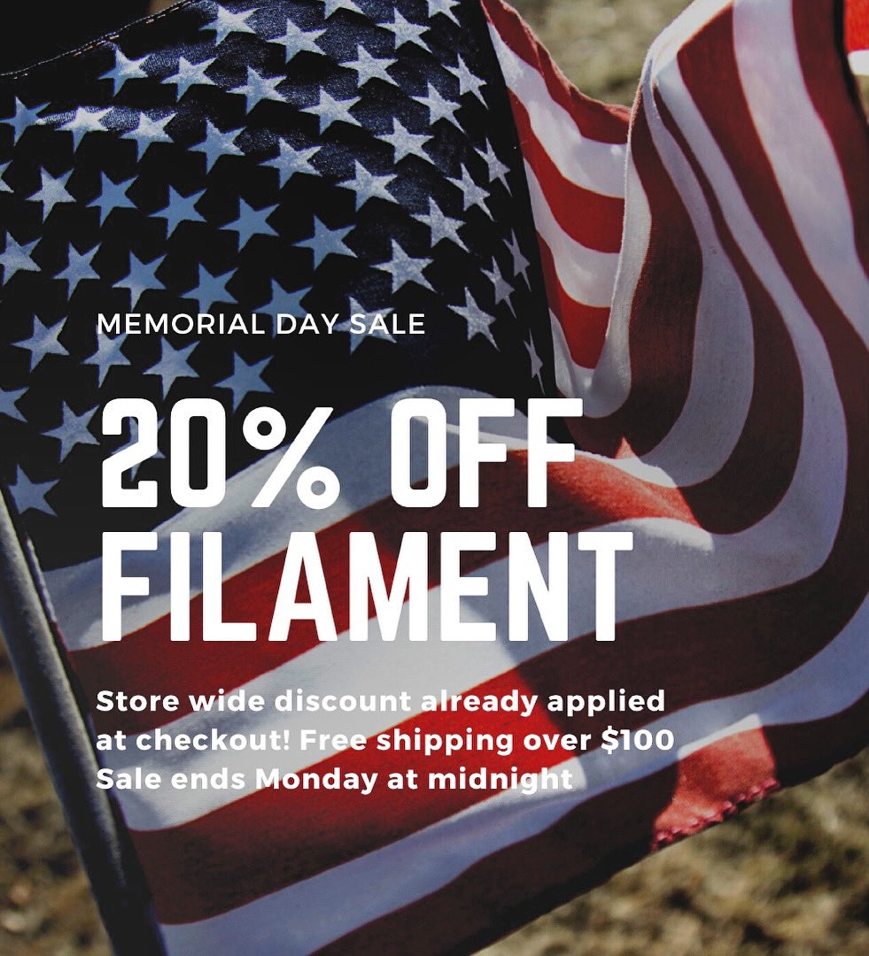 🇺🇸We wanted to start this weekend off right! 🇺🇸

Everyone gets 20% off any of our filaments this weekend! Kicker? Free shipping over $100!