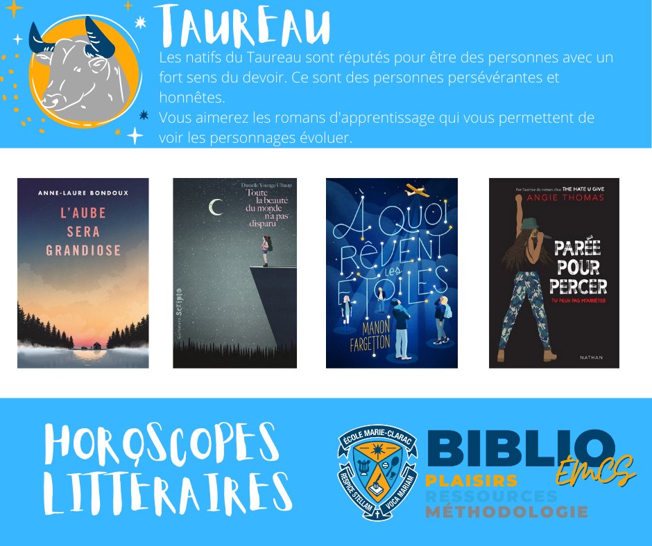 MarieClaracSec's tweet photo. HOROSCOPE LITTÉRAIRE ÉMCS
Aujourd'hui, nous vous présentons une sélection de livres parfaitement adaptés au signe astrologique : TAUREAU.  Bonne lecture ! https://t.co/ZGxXTDfHnj