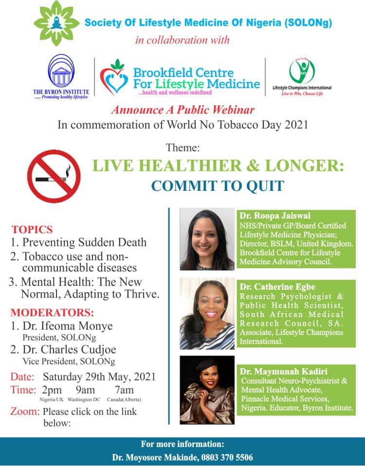 World No Tobacco Day comes up every 31st of May annually. The theme this year is “Commit to Quit”. us06web.zoom.us/webinar/regist…