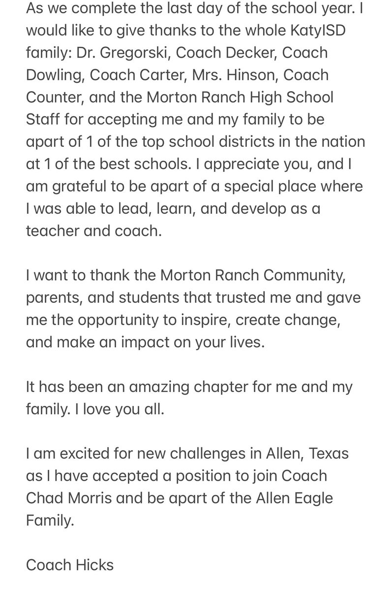 coachdhicks's tweet photo. I am happy to announce I have accepted a position to join @coachchadmorris @alleneaglesfb staff and @AllenHigh family #🅰️⬆️

I am thankful for all of the relationships and life long friendships I have gained at MRHS #mavsteachersrock https://t.co/oZTcSCeEHc