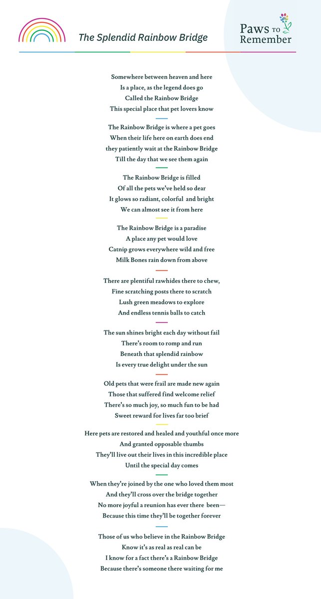 pawstoremember's tweet photo. The Splendid Rainbow Bridge is a poem by our founder, Maryglenn Warnock. It honors our pets by envisioning a wonderful world where they go to wait for their human companions after their time here on Earth. 🐾 🌈 https://t.co/PfVVkOhb8m