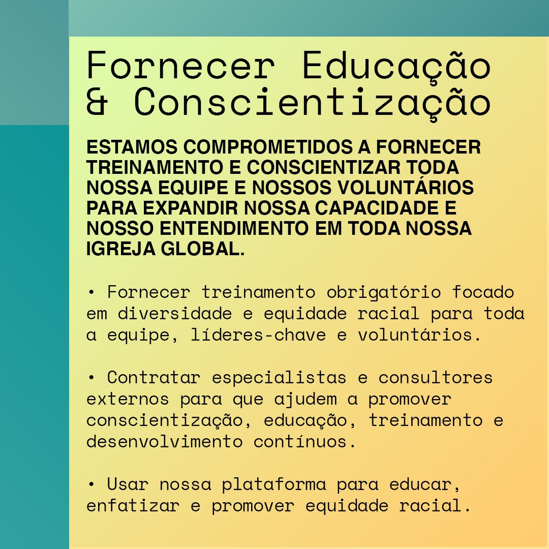 Como igreja, estamos comprometidos a ver equidade e justiça racial p/ todos. Queremos ver todas as pessoas sendo tratadas com dignidade e respeito. Assim, anunciamos diversos compromissos p/ construir equidade e reconciliação racial, interna e externamente, em toda a nossa igreja
