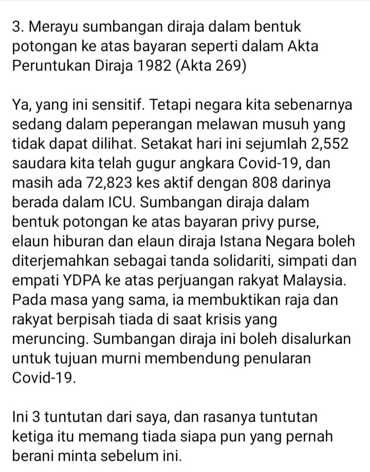 muhammadnajib79's tweet photo. Lockdown? Saya minta 3 dari kerajaan:

1. Moratorium pinjaman
2. Potongan 50% gaji menteri, MP, exco dan ADUN
3. Sumbangan diraja dalam bentuk potongan ke atas bayaran dalam Akta Peruntukan Diraja 1982 (Akta 269)

Mohon dipertimbangkan. RT jika setuju. https://t.co/SeKj4QxQFc