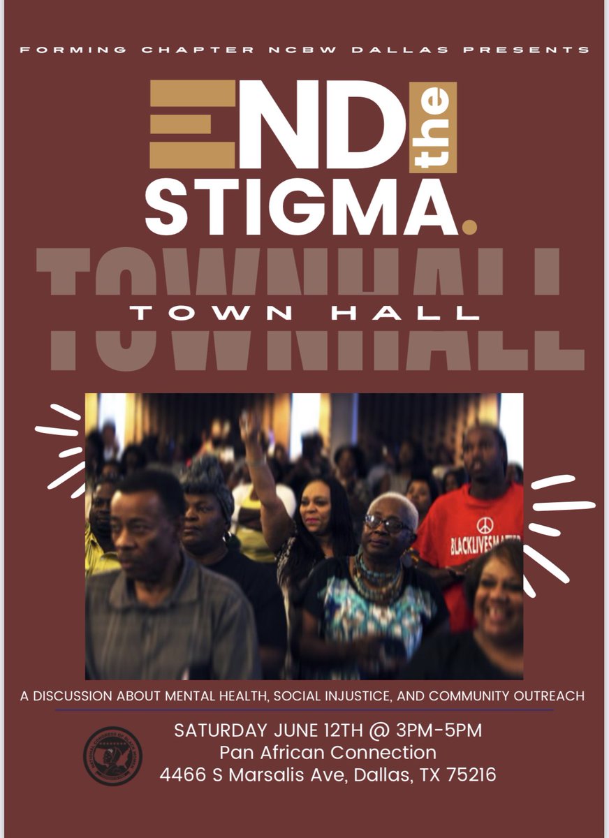NCBWDallas's tweet photo. There is a terrible stigma that implies that mental health problems is a sign of weakness... but not anymore.
Join us June 12th @ 3pm at the pan African connection in DTX to participate in an engaging, unfiltered conversation. #NCBWDallas✊🏾 #mentalhealth https://t.co/axWAaMxNbQ