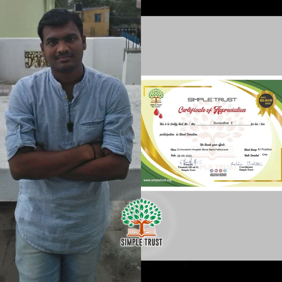 simpletrusttn's tweet photo. We thank Surrendar fr donating blood as per d request frm #kamakshihospital near #velacherry
Lots f hosptls r struggling fr donors as pregnancy lined up🩸
Blood bnk needs ur supprt reqst u all 2 donate bfre vaccination🙏🏻
#BloodDonation #Bloodline #blood #simpletrust #charity https://t.co/cRg9y2SDra