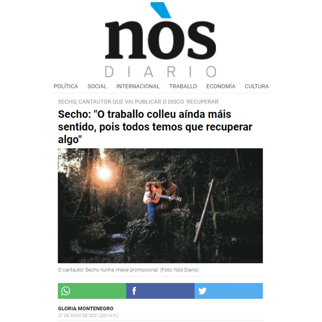 culturactivaSCG's tweet photo. 📰 #Secho estivo a falar con @NosDiario sobre o seu novo proxecto, ‘Recuperar’. Que ganiñas de escoitar o disco enteiro, non si? Prestade atención a este cantautor, vainos dar moito do que falar ✨
🔗 https://t.co/SHdWdjbQj6 https://t.co/P5wkF2fs2V
