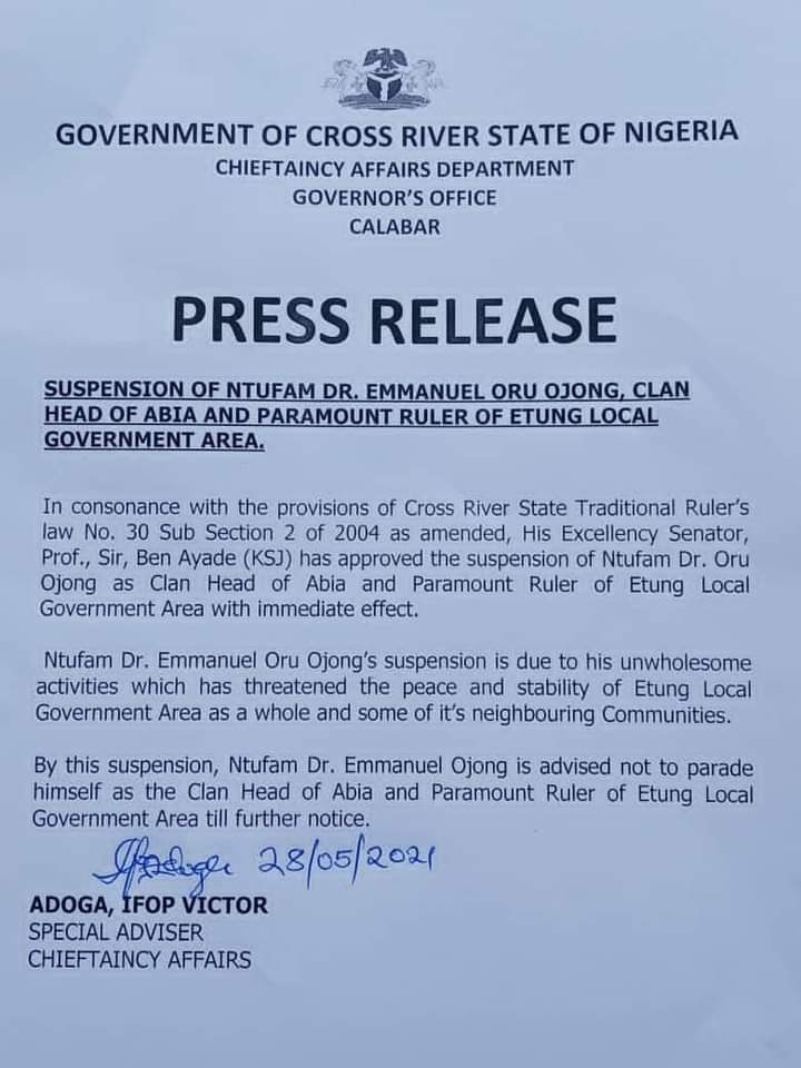 Governor Ayade suspends Paramount Ruler of Etung LGA...