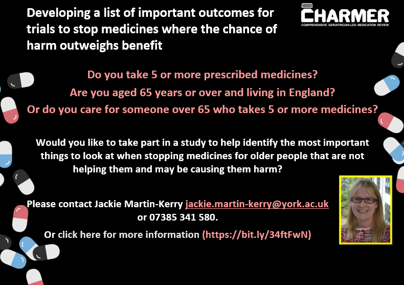 Have your say! Tell us what we should be measuring in trials about stopping medicines that are no longer needed or may be causing harm. More information: bit.ly/34ftFwN

#deprescribing <a href="/JMartinKerry/">Jackie Martin-Kerry</a>