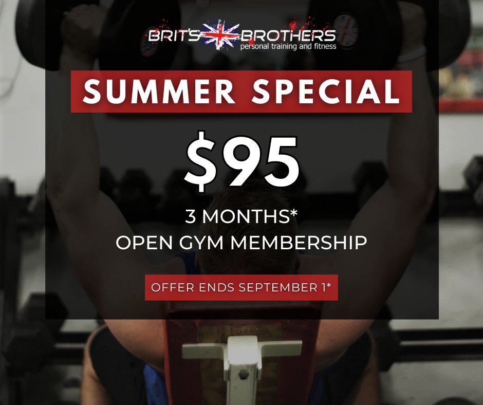 BritsBrosGym's tweet photo. 🚨 Don't miss out on our best membership offer of the year!🚨

Sign up today for an Open Gym Membership and receive 3 MONTHS* for only $95! Available now through September 1.

https://t.co/04sW6lsvNP https://t.co/LHZsiLif0Z