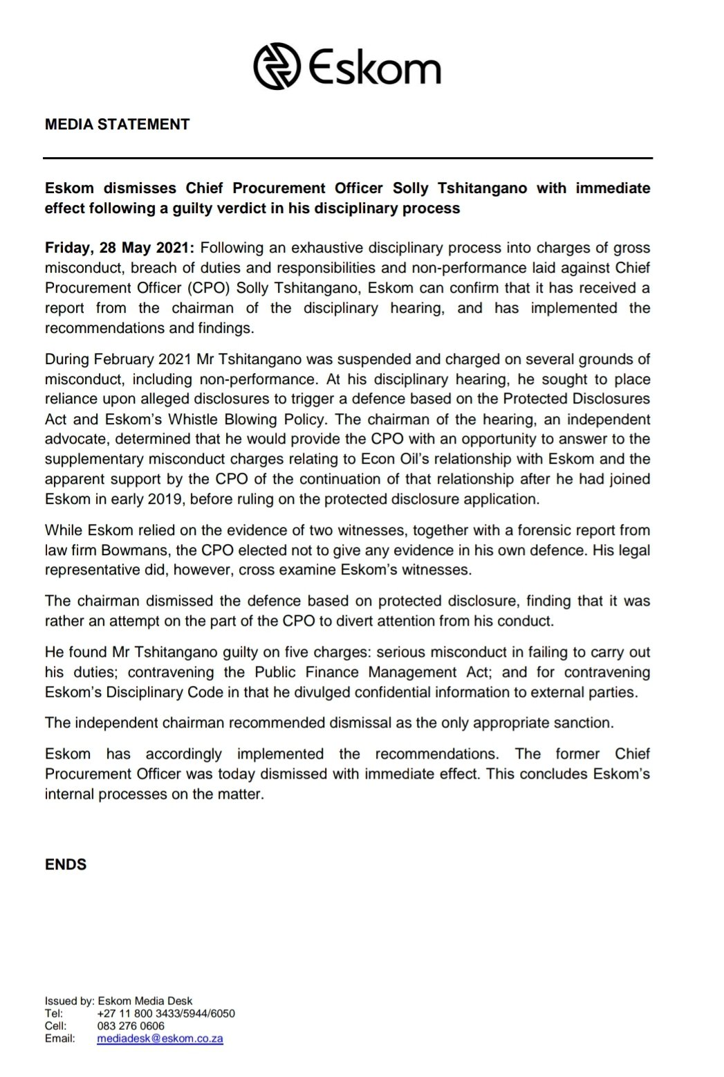 Eskom Hld Soc Ltd On Twitter: "#Eskom #Mediastatement Eskom Dismisses Chief  Procurement Officer Solly Tshitangano With Immediate Effect Following A  Guilty Verdict In His Disciplinary Process @Sabcnews @Enca @Ewnupdates  @Sundaytimesza @News24 @Sowetanlive @