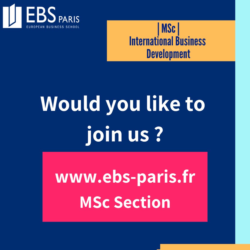 ebs_Paris's tweet photo. MSc | Le saviez-vous ? EBS Paris propose un MSc International Business Development pour tous ceux qui souhaitent évoluer dans le Management International ! 🌍
Pour candidater, rendez-vous directement sur : https://t.co/8myXEROmny 🌐
Join the #EBSParis #MSc #management #bac2021 https://t.co/Jtg2RjIci5