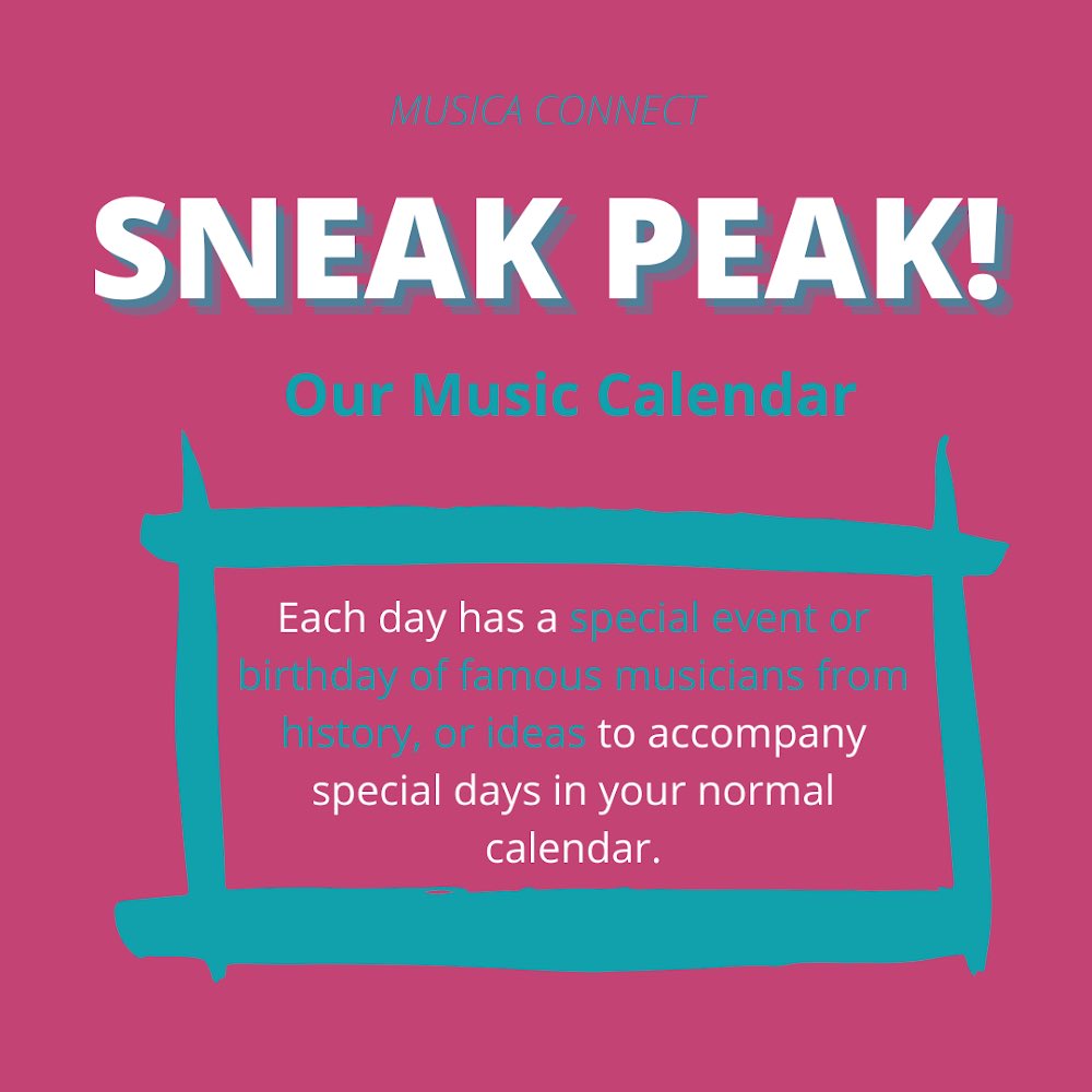 Musica_CIC's tweet image. We have designed a new music calendar to add to our MUSICA CONNECT subscription! 

You can schedule musical activities for when you are not around, like a video from Musica Connect, or a prompt from our #justonehour campaign. 

#musicmatters #Musicaconnect #planyourdays