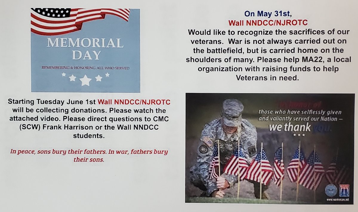 On May 31st, Wall High School NNDCC/NJROTC would like to recognize the sacrifices of our veterans.  Please watch this video below by MA22.org , a Veteran non-profit 501c3 advocacy  organization to raise awareness.
drive.google.com/file/d/1lLHWFQ…