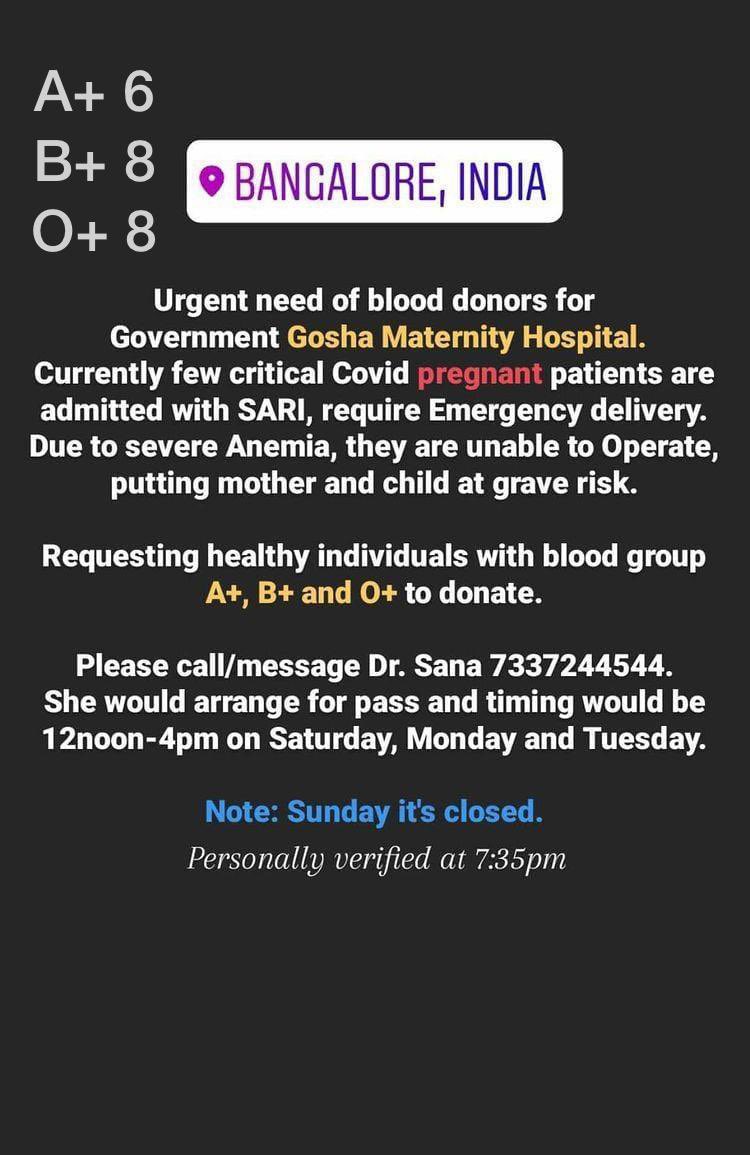 #Bengaluru #Urgent Blood 4 pregnant lady A+B+O+ #blood Gov gosha maternity Hos. 7337244533, 7337244544  #BloodAid <a href="/KiranKS/">Kiran Kumar S</a> <a href="/surnell/">Suresh</a> <a href="/RJPallavii/">RJ Pallavii</a> #BloodMatters <a href="/BloodDonorsIn/">Blood Donors India</a> <a href="/NeedBloodBlr/">Need Blood Bangalore</a> <a href="/TeamSOSIndia/">Team S.O.S India</a> <a href="/mercymission1/">MercymissionIndia</a> <a href="/Bloodhelpline/">Bloodhelpline</a> <a href="/WeAreBangalore/">We Are #Bangaluru</a>
<a href="/ELister_social/">ELister - Blood Donors 🇮🇳</a> <a href="/SoodFoundation/">Sood Charity Foundation</a>