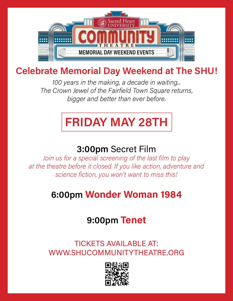 shucommtheatre's tweet photo. Today’s the day! Our Memorial Day Weekend opening officially kicks off at 3:00pm with our Secret Film. (Any guesses as to what movie it might be?) Here are today's events and you can get tickets now on our website or at the link in our bio. 
#TheSHU #SHUCommunityTheatre https://t.co/cxQJJ2tEz3