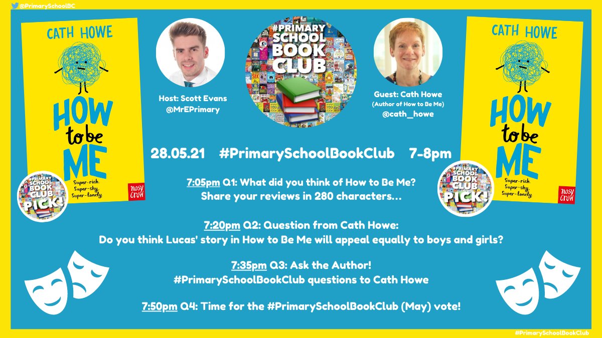 PrimarySchoolBC's tweet photo. Tonight’s #PrimarySchoolBookClub📚
Qs will be at:
Q1 7:05pm
Q2 7:20pm
Q3 7:35pm
Q4 7:50pm

Please use A1, A2, A3 &amp; A4 to answer each Q!

Remember to use hashtag #PrimarySchoolBookClub in tweets so they are seen by all!

@cath_howe
#HowToBeMe
@NosyCrow https://t.co/HI3l27AIew